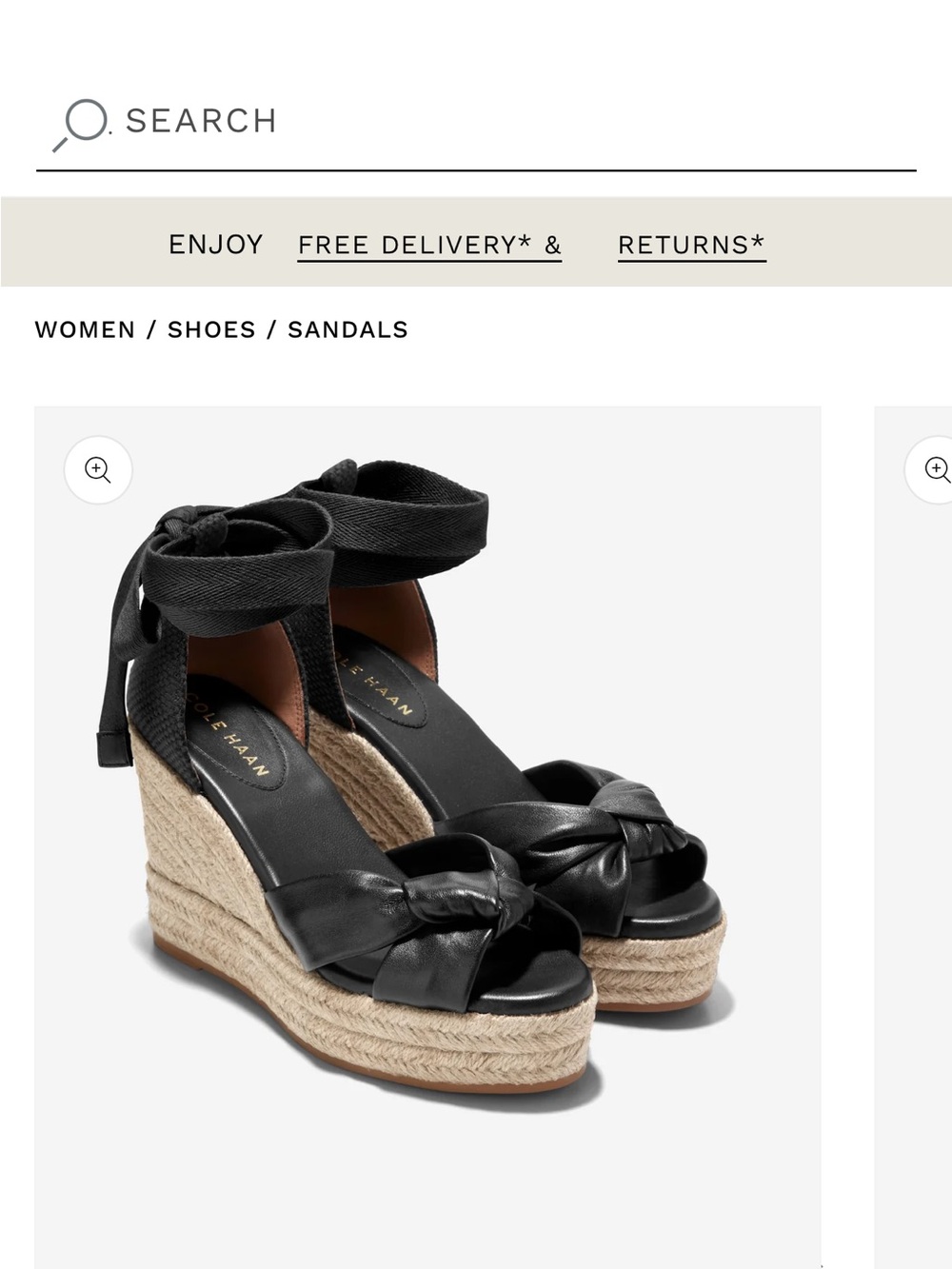 Cole Haan Black Leather Knotted Espadrille Wedges with Ankle Wrap - NWOT